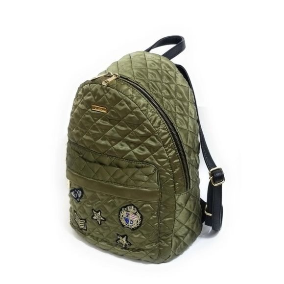 Aldo Womens Satin Quilted Backpack in Olive Army Green Patchwork Detail main image 5